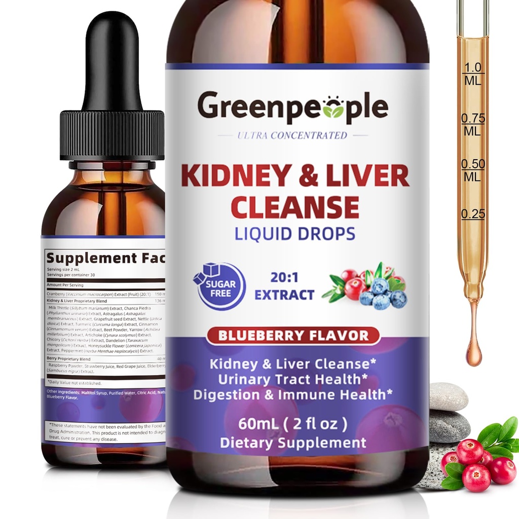 GREENPEOPLE Kidney Cleanse Detox & Repair - 27-In-1 Σταγόνες νεφρού & ήπατος με 20:1 Εκχύλισμα βατόμουρου & Chanca Piedra, συμπλήρωμα χωρίς αλκοόλ για υποστήριξη ούρων & ήπατος (2 Oz 1 Pack, Blueberry)