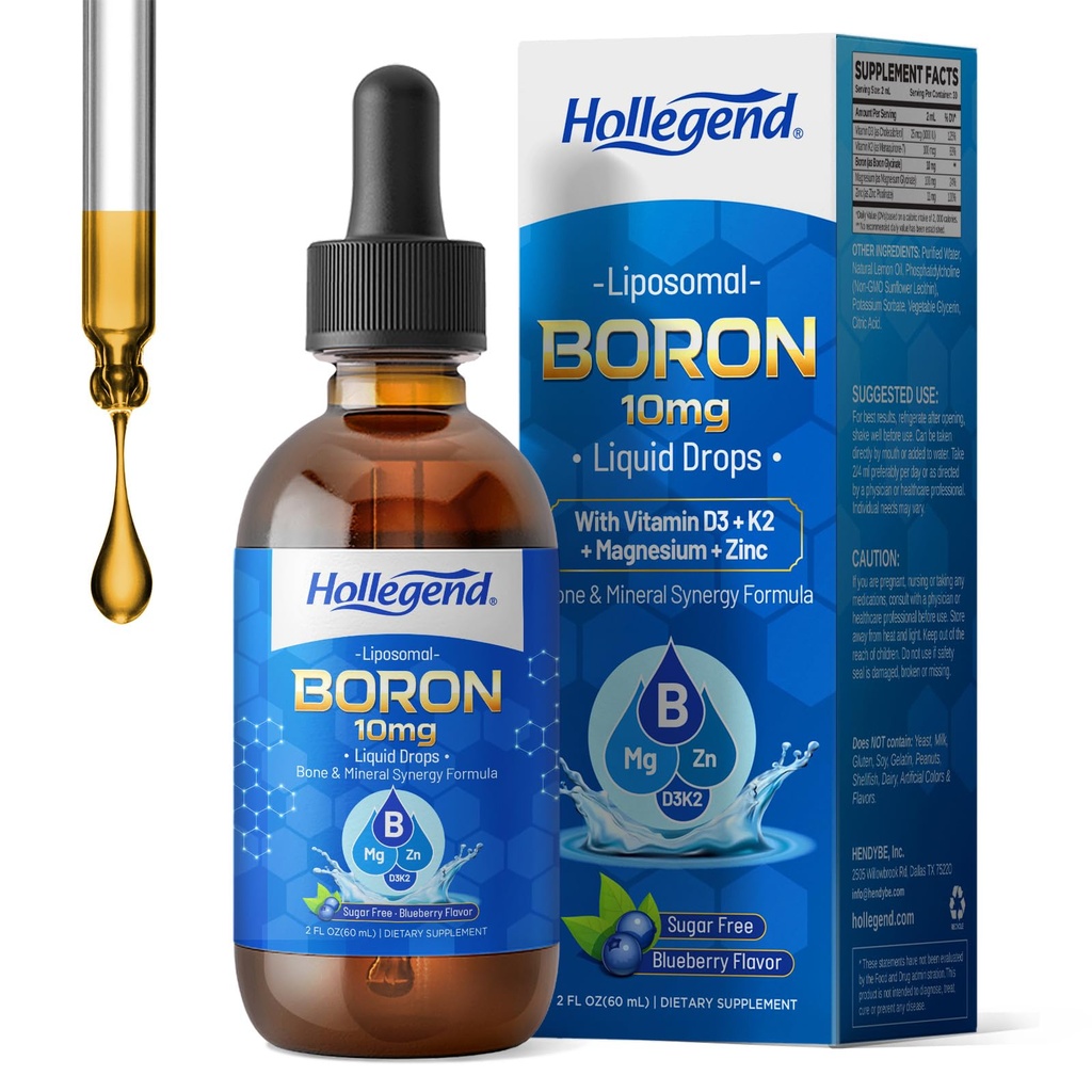 Liposomal Boron Liquid Drops, 10 mg Boron Glycinate Supplements for Men & Women, with D3, K2, Magnesium & Zinc for Bone & Mineral Support, High Absorption, Sugar Free, Blueberry, 2 Fl Oz