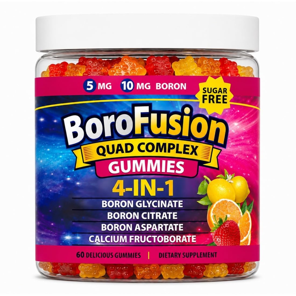 Boron Supplements 4X Quad Boron Glycinate Citrate Aspartate and Fructoborate - BoroFusion Mixed Strawberry, Lemon and Orange Flavors Sugar Free Vegan 60 Gummies