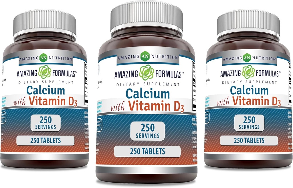 Amazing Formulas Calcium with Vitamin D3 Supplement | Tablets | Non-GMO | Gluten-Free | Made in USA (3 Pack, 250 Count)