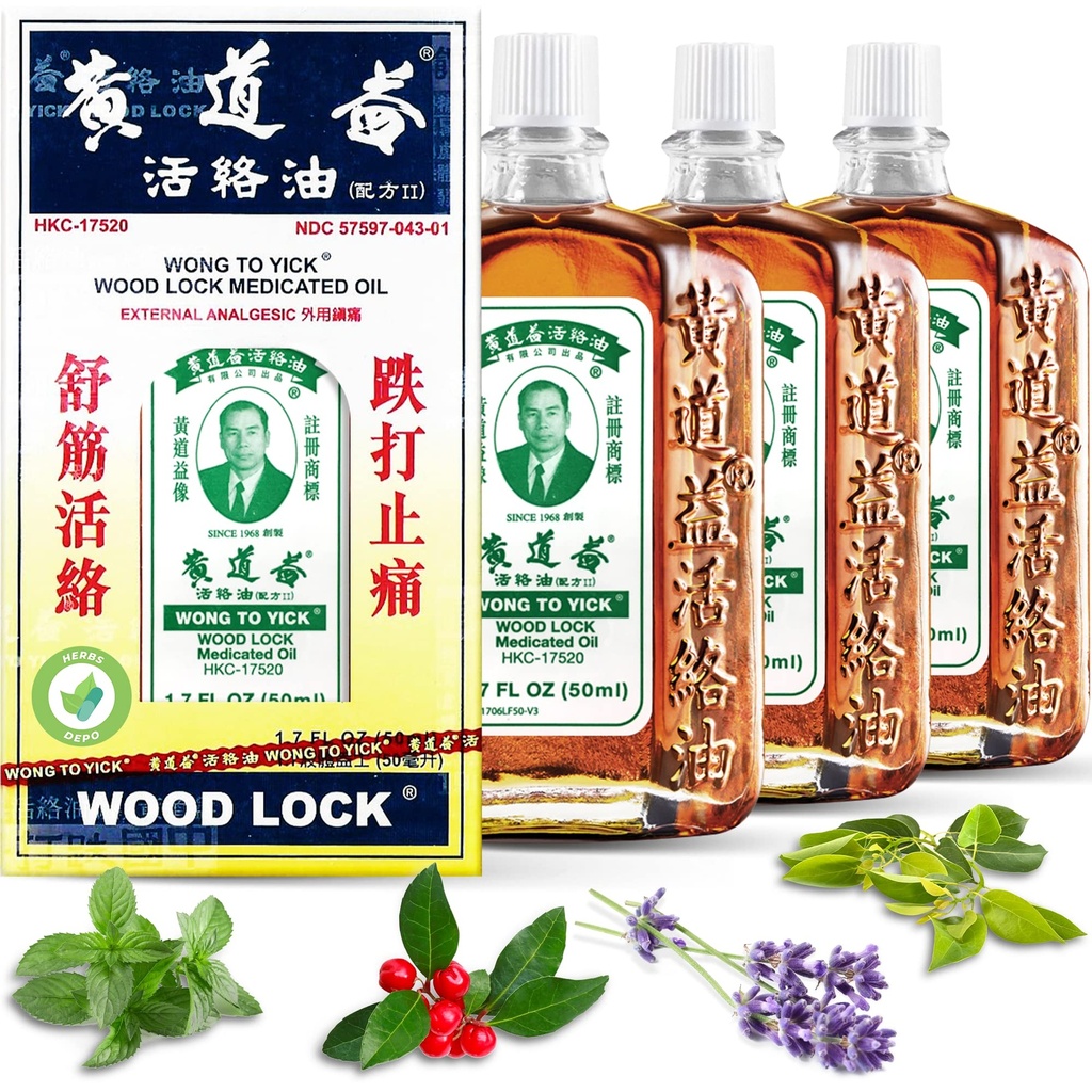 3 Pack of Wong to Yick - Wood Lock Medicated Oil - Muscular Aches, Sprains, Bruises, Shoulder and Back Pain - for Sports Recovery, Soreness - 1.7 Fl Oz - 50 ML - 100% Authentic
