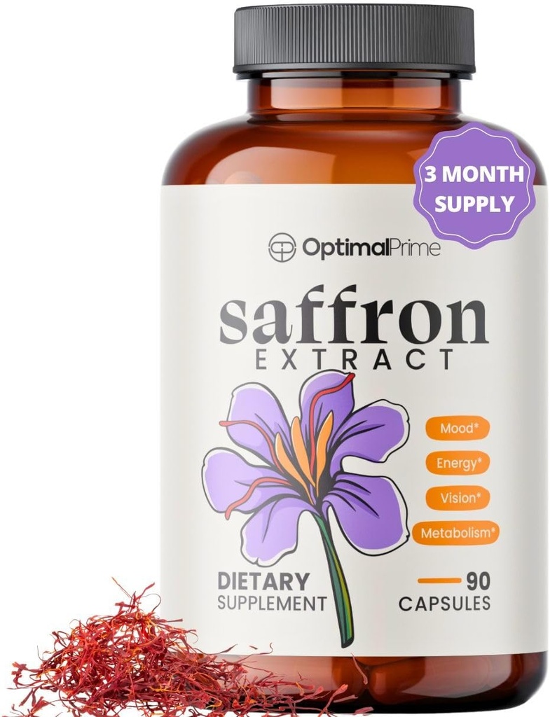 Optimal Prime Saffron Supplement - 100% Pure Saffron Extract 88.5mg - Βοηθά στην υποστήριξη Optimal Mood, Energy, και Μεταβολισμός, χορτοφάγος φιλικός, μη-GMO, χωρίς γλουτένη, χωρίς σόγια, 90 κάψουλες