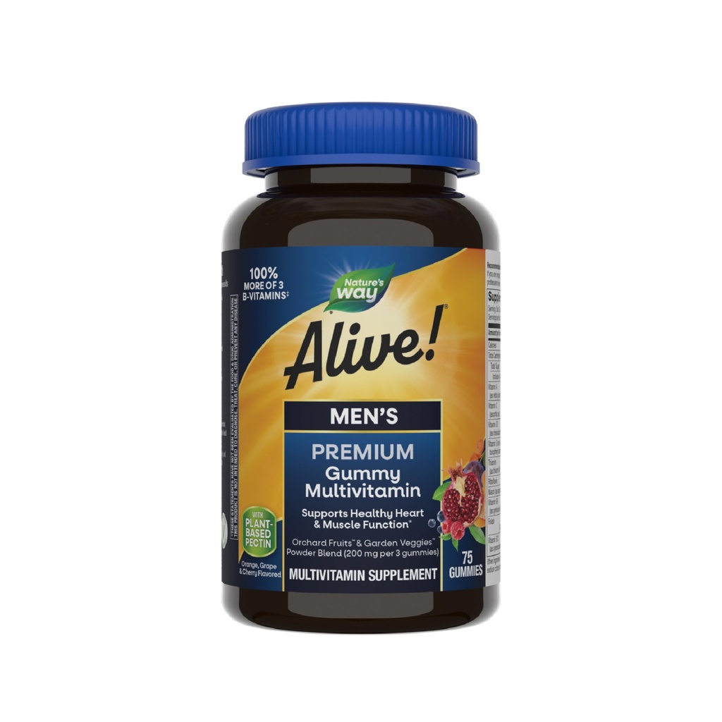 Nature's Way Alive! Men's Premium Gummy Multivitamin Supplement, Supports Healthy Heart*, Muscle Function*, Full B-Vitamin Complex, Orange, Grape, Cherry Flavored, 75 Gummies (Packaging May Vary)