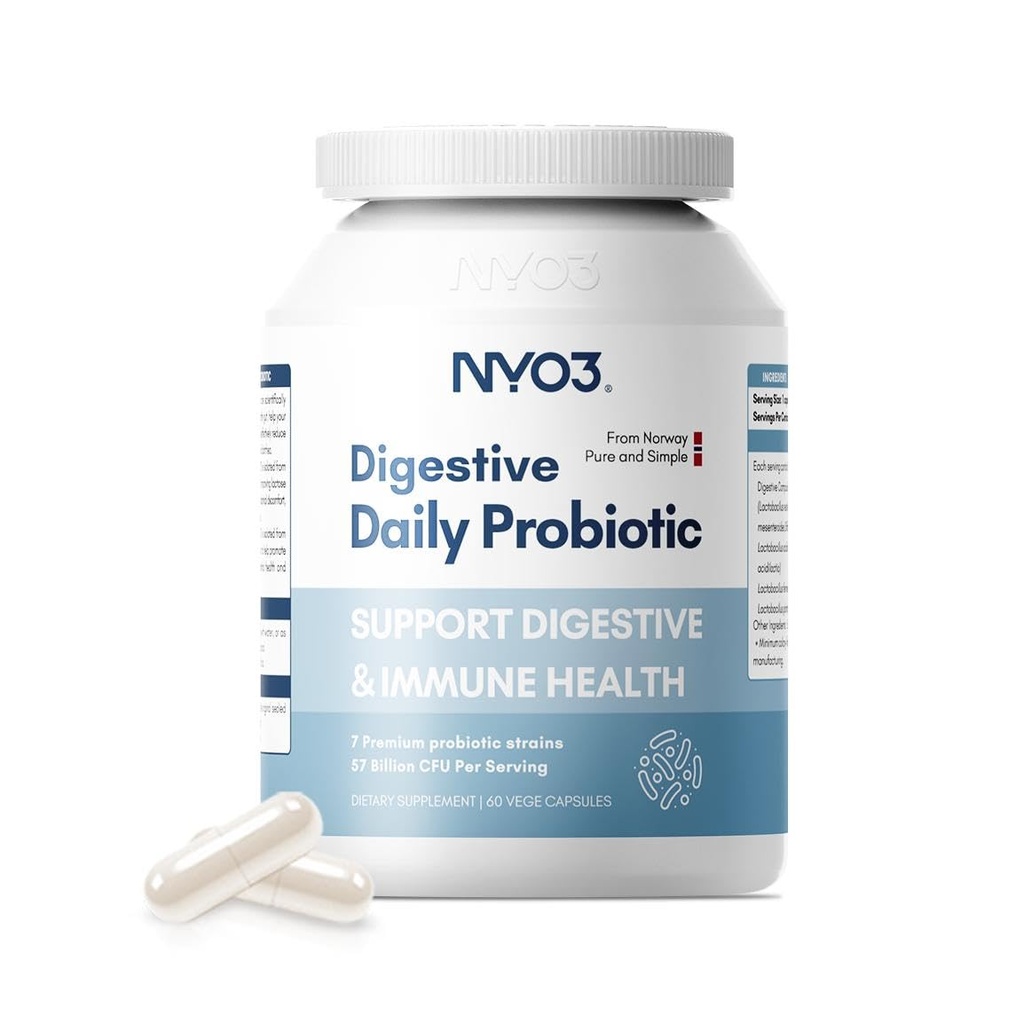 NYO3 Digestive Probiotics 57 Bilion CFU 7 Strains, Bloat Relief, Supports Digestion & Immune Health - 60 Capsules