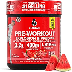 Six Star Pre-Exworkout Explosion, Watermelon (30 Servings) - Preworkout Energy Powder Supplement for Men & Women - Pre Education Drink Mix with Createine & Beta Alanine - Sports Nutrition Products