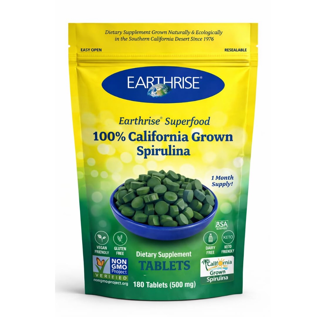 Earthrise Superfood 100% California Grown Spirulina 500mg Tablets (180 Count), Natural Premium Spirulina, Vegan, Gluten Free, Keto Friendly, Non -GMO, High in Vitamins & Minerals