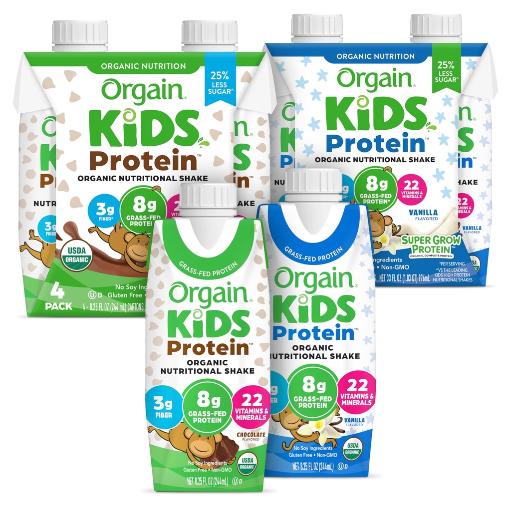 Orgain Organic Kids Protein Nutritional Shake Bundle - Chocolate & Vanilla, 8g Protein, 22 Vitamins & Minerals, 8.25 Fl Oz (Pack of 4 Each)
