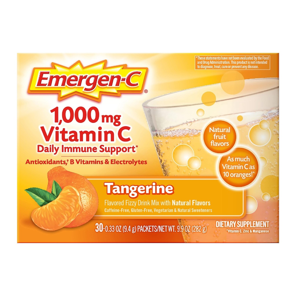 Emergen-C 1000mg Βιταμίνη C Ανοσοποιητική υποστήριξη σε σκόνη Tangerine 30CT περιλαμβάνει ψευδάργυρο, Μαγγάνιο, 7 Β Βιταμίνες και ηλεκτρολύτες για Back to School Essentials