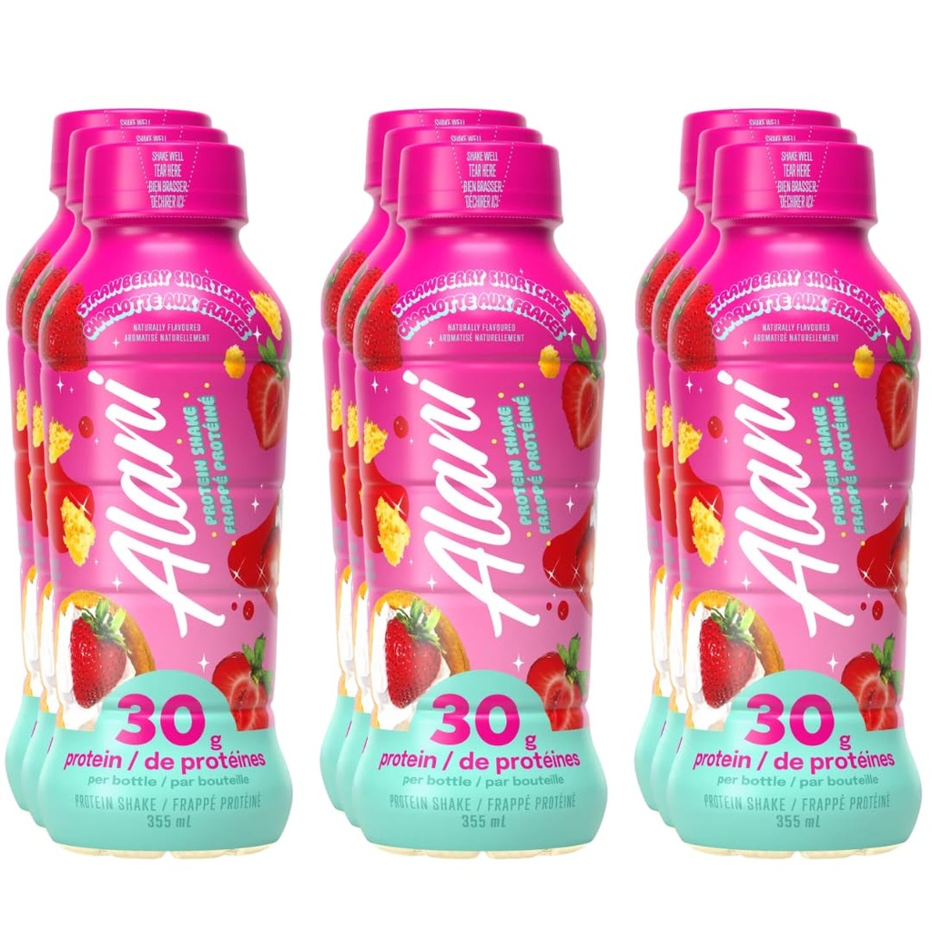 Alani Nu Protein Shake – Strawberry Shortcake Flavor – 12 fl oz Bottles – 9-Pack – Ready-to-Drink High Protein Beverage