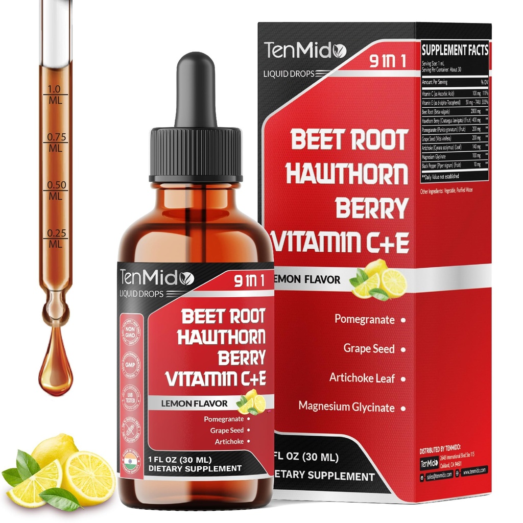 9in1 Beet Root Extract Liquid Drops with Vitamin C, Vitamin E, Hawthorn Berry, Pomegranate, Grape Seed, Artichoke, Magnesium Glycinate, and Black Pepper - 30ml 1 Fl Oz