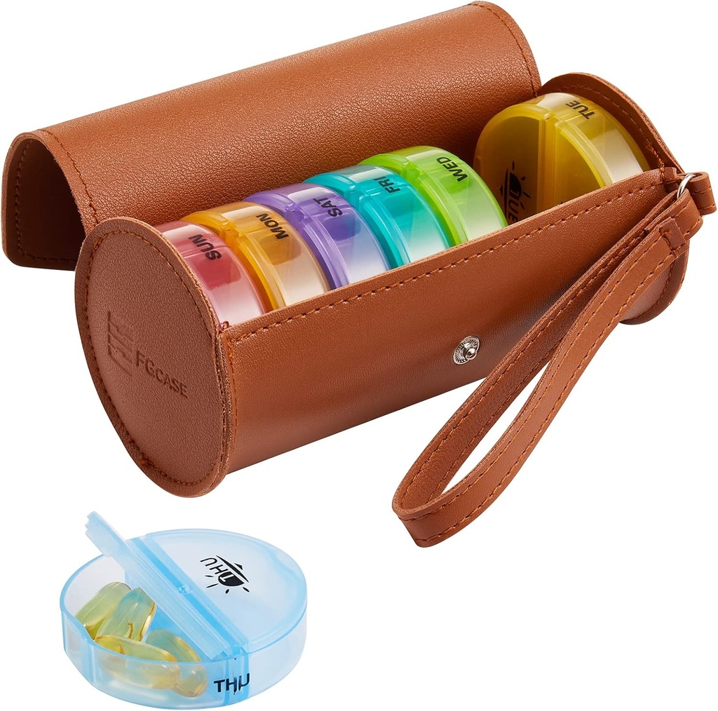 FGcase Weekly Pill Organizer 2 φορές μια ημέρα μεγάλη 7 ημέρα κουτί χάπια Rainbow με καφέ PU Δερμάτινη περίπτωση Φορητή θήκη Travel Φαρμακευτικό δοχείο AM PM κουτί χάπια για βιταμίνες, ιχθυέλαια, ιατρική, συμπληρώματα