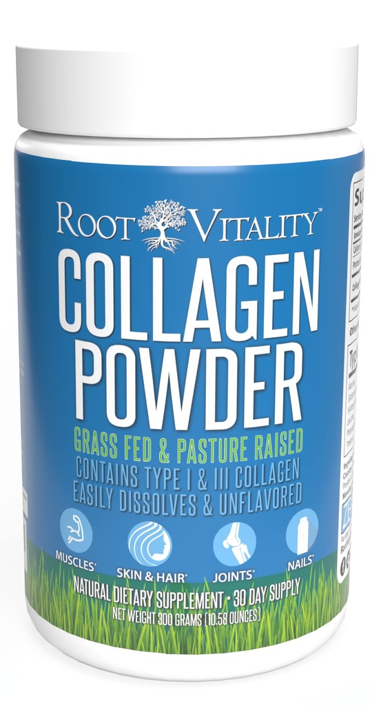 Root Vitality Collagen Peptides σε σκόνη - Grass-Fed, Pasture-Raised Hydrolyzed Protein Supplement for Skin, Hair, & Nails - Non-GMO, Zero Sugar Daily Supplement for Men & Women (30 Servings)