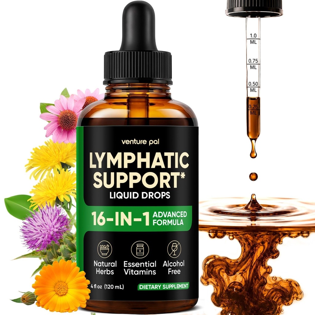 Venture Pal 16-in-1 Lymphatic Drainage Drops for Women - Echinacea, Dandelion, Burdock, Cleavers & Vitamins - Alcohol-Free, Sugar-Free, 120 Servings