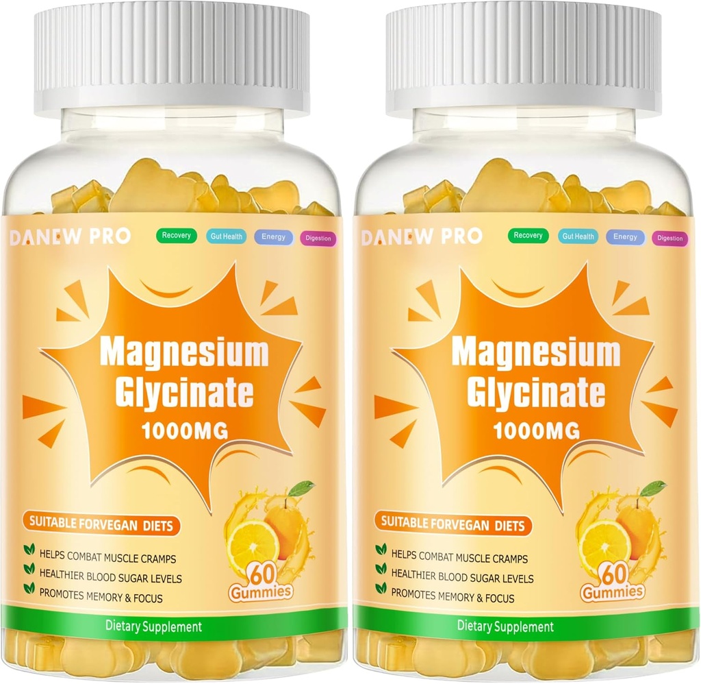 Μαγνήσιο Γλυκινικό Gummies 1000mg - Συμπλήρωμα μαγνησίου χωρίς ζάχαρη με βιταμίνη D, B6, CoQ10 για υποστήριξη ηρεμίας & ύπνου - 120 Orange Gummies