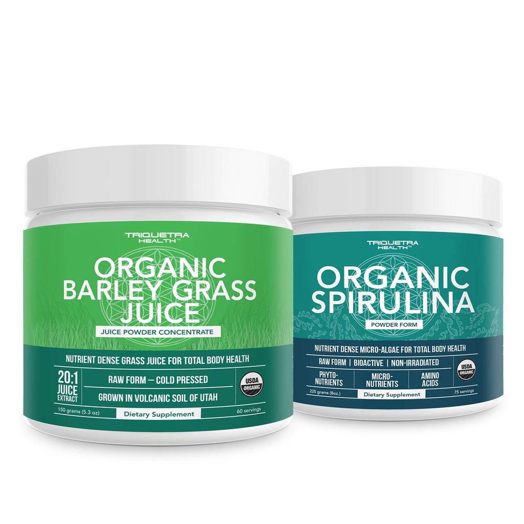 Triquetra Υγεία Βιολογική σκόνη Spirulina 8 oz. Επιπλέον οργανικό κριθάρι χόρτο χυμό σκόνη 5.3 oz.