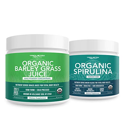 Triquetra Υγεία Βιολογική σκόνη Spirulina 8 oz. Επιπλέον οργανικό κριθάρι χόρτο χυμό σκόνη 5.3 oz.