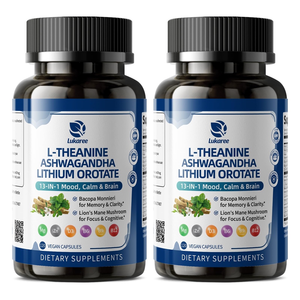 Total Mood and Brain Supplement with Lithium Orotate, Ashwagandha, L-Theanine, Bacopa and Lion’s Mane - Trace Mineral and Multivitamin for Calm Focus, Memory, Cognitive & Energy, 120 Capsules, 2 Month