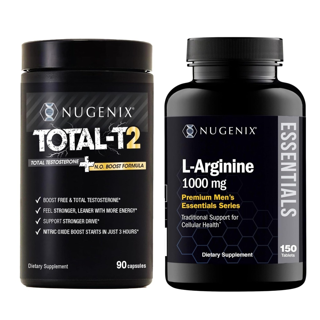Nugenix Total-T2 Testosterone Booster for Men Essentials L-Arginine Supplement 1000mg - Bundle