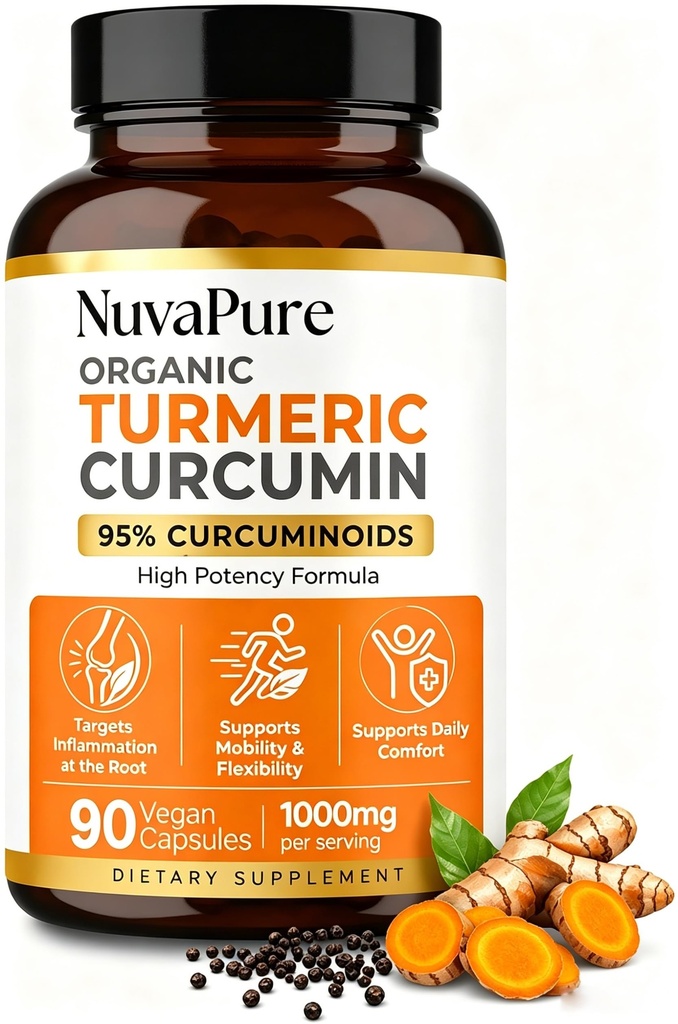 Nuvapure Turmeric with Black Pepper, Nuvapure Turmeric Curcumin, High Absorption, Daily Joint and Immune Health Support, 90 Pills (1PC)
