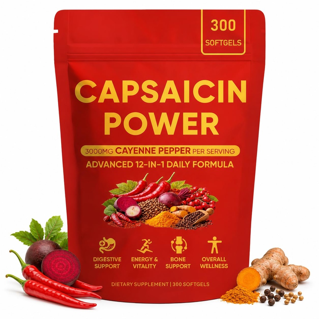 Capsaicin Power - Cayenne Pepper Softgels, Capsaicin Supplements with Vitamin D3 K2, Turmeric, Grape Seed & Beetroot, Supports Leg Vein, Digestive & Gut Health, 300 Capsules