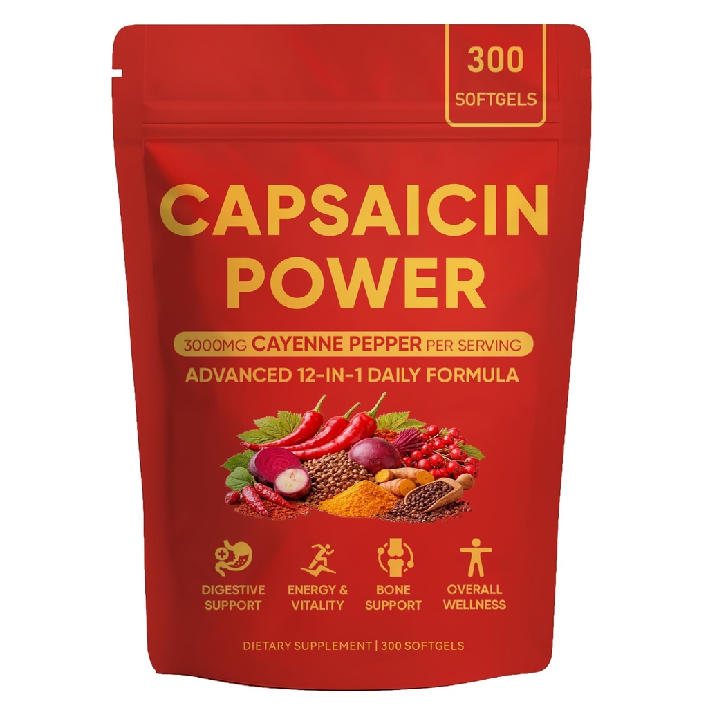 Capsaicin Power - Cayenne Pepper Softgels, Capsaicin Supplements with Vitamin E, D3 & K2, Grape Seed, Beetroot & Turmeric Extract, 300 Soft gels