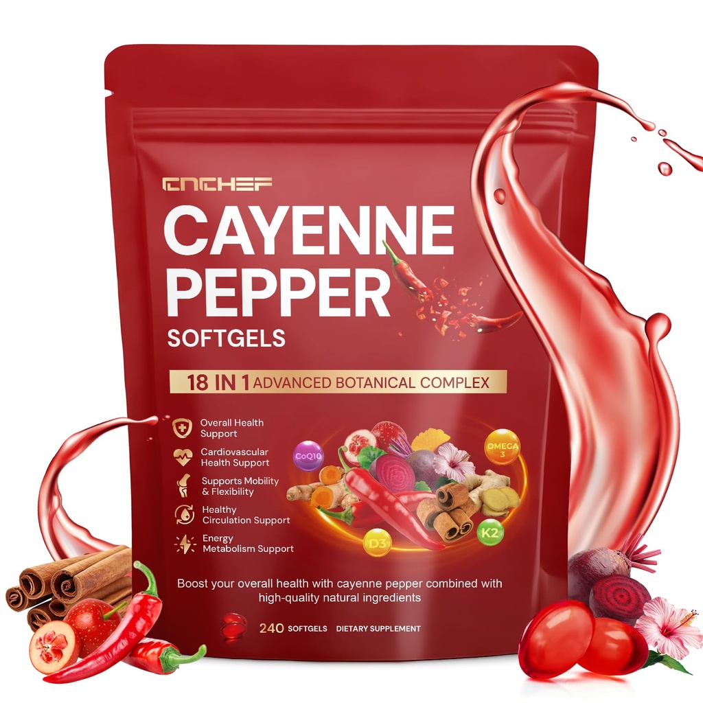 Cayenne Pepper Softgels Supplement, Cayenne Pepper Capsules with VitaminD3+K2,Berberine, CoQ10, Omega-3, Turmeric, Hawthorn, Beetroot, Supports Leg Vein, Digestive & Heart Vessel Health, 240 Softgels