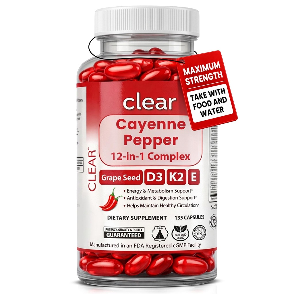 Cayenne Pepper Capsules with Vitamin D3, K2, E & Grape Seed -12-in-1 Capsaicin Supplements Supports Daily Circulation & Heart Wellness - Herbal Cayenne Pepper Supplements, 135 Softgels