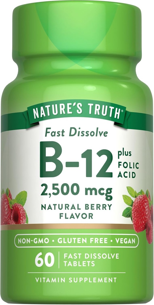 Nature's Truth B12 Vitamin | 60 Fast Dissolve Tablets | 2500 mcg | with Folic Acid | Vegan, Non-GMO & Gluten Free