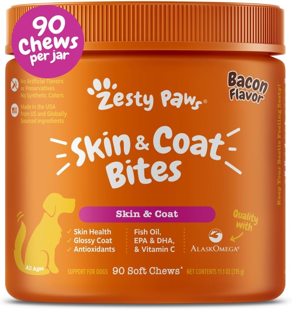 Zesty Paws Omega 3 Fish Oil for Dogs - Zesty Paw Dog Βιταμίνες και συμπληρώματα για Hip, Joint & Skin, Bacon (90 Chews)
