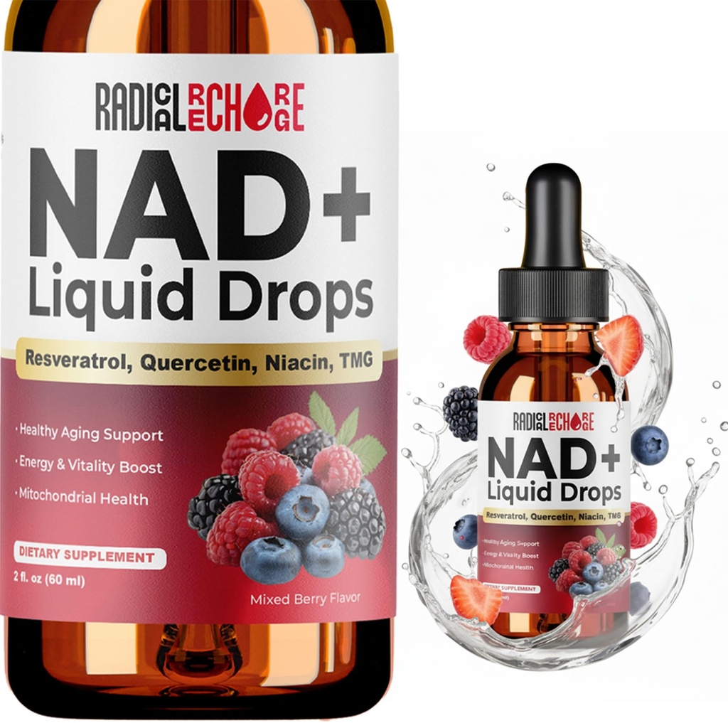 NAD+ Liquid Drops – with Resveratrol, Quercetin, Niacin & TMG – 10-in-1 Nutrient Support Formula for Cellular Energy & Wellness – Mixed Berry Flavor – 2 fl oz