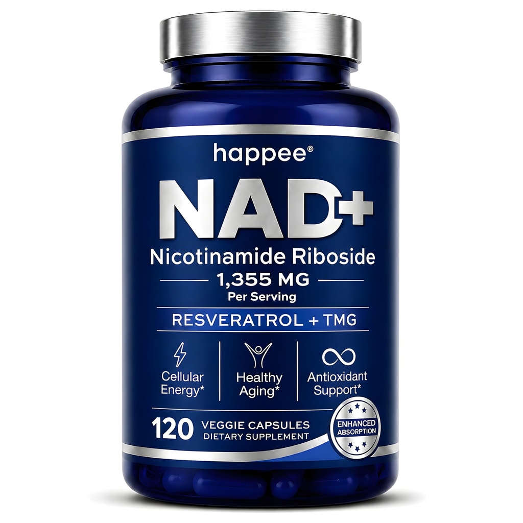 Happee NAD+ Nicotinamide Riboside Resveratrol Supplement Women Men 120ct | For Healthy Aging, Mental Clarity & Cellular Energy - 1355mg 6-in-1 NAD+ Supplement with NR & TMG