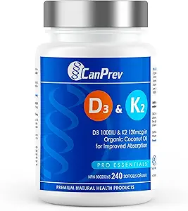 CanPrev D3 & K2 Βιταμίνες 240 Softgels, 240-Day Supply, 1000IU Βιταμίνη D3 & 120mcg K2, Υποστηρίζει τα ισχυρά οστά, τα δόντια και την ευεξία της καρδιάς, Easy-to-Absorb με βιολογικό λάδι καρύδας, Όχι ΓΤΟ, Γλουτένη, σόγια, γαλακτοκομικά