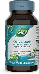 Nature's Way Olive Leaf, Premium Extract, Supports Heart Health*, 20% Oleuropein, 250 mg ανά μερίδα, Μη ΓΤΟ Έργο Επαληθευμένο, 60 κάψουλες Vegan (Packaging May Vary)