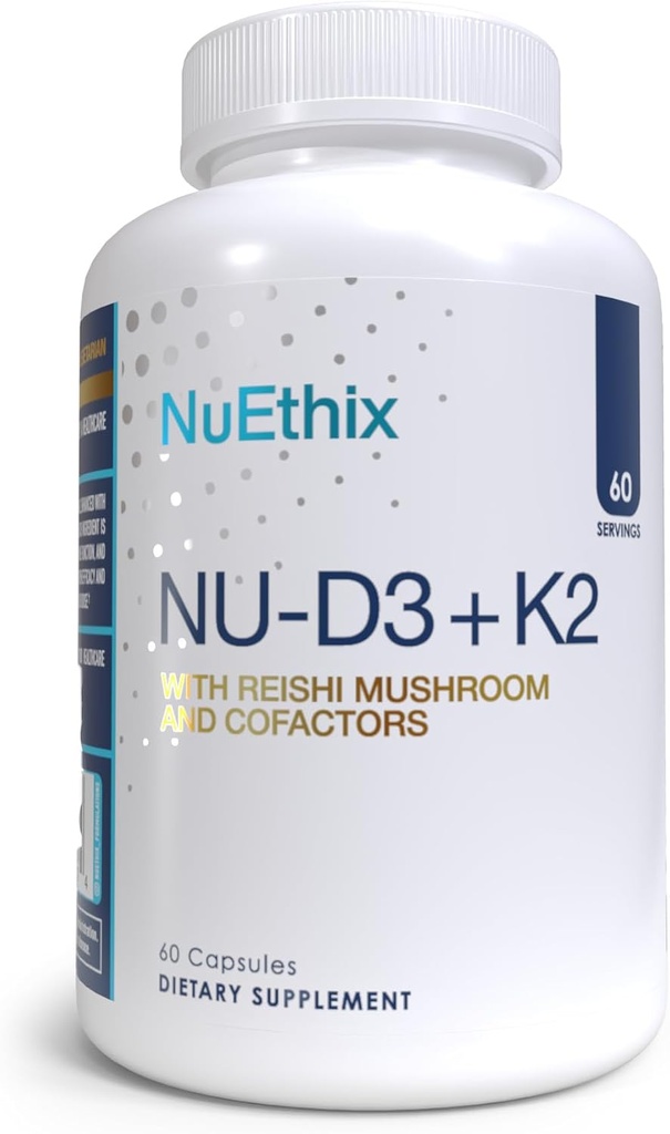 NuEthix Formulations NU-D3 + K2 - Βιταμίνη D3 και K2 5000 eu Συμπληρώματα - Συσκευασμένα με Reishi Mushroom, μαγνήσιο, & ψευδάργυρο - 60ct, 60 Σερβιέτες - Κατασκευάζονται μόνο στις ΗΠΑ