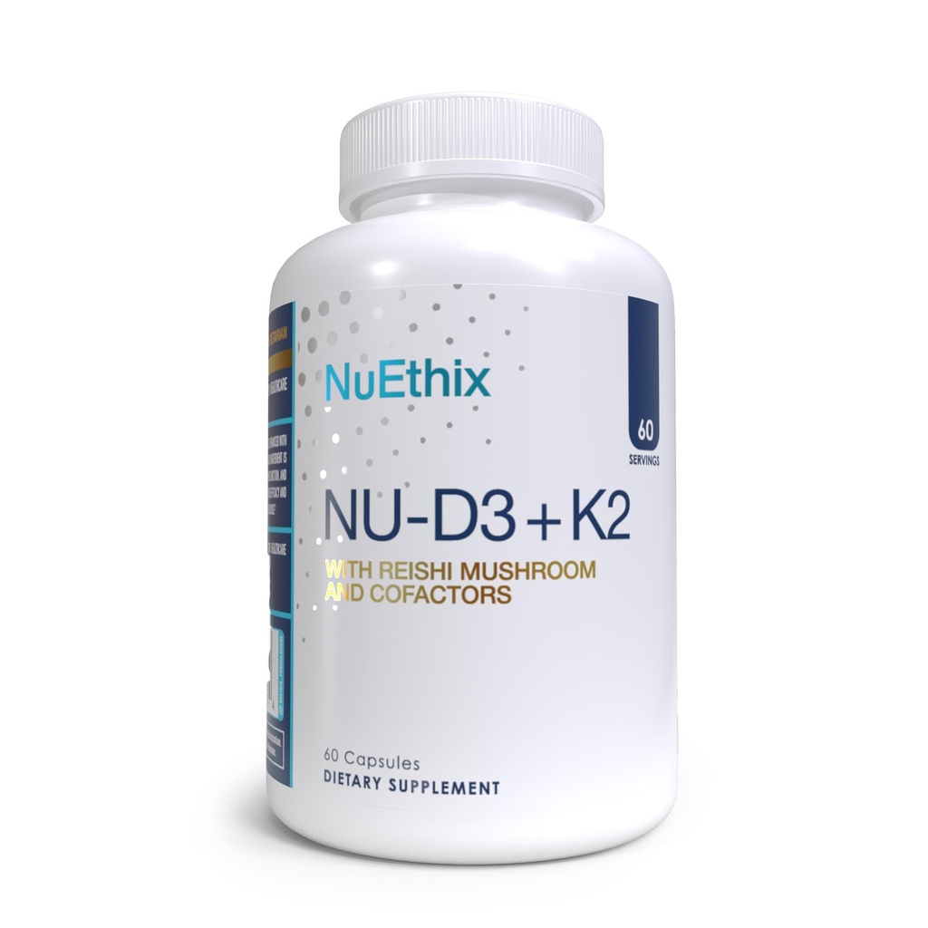 NuEthix Formulations NU-D3 + K2 - Βιταμίνη D3 και K2 5000 eu Συμπληρώματα - Συσκευασμένα με Reishi Mushroom, μαγνήσιο, & ψευδάργυρο - 60ct, 60 Σερβιέτες - Κατασκευάζονται μόνο στις ΗΠΑ