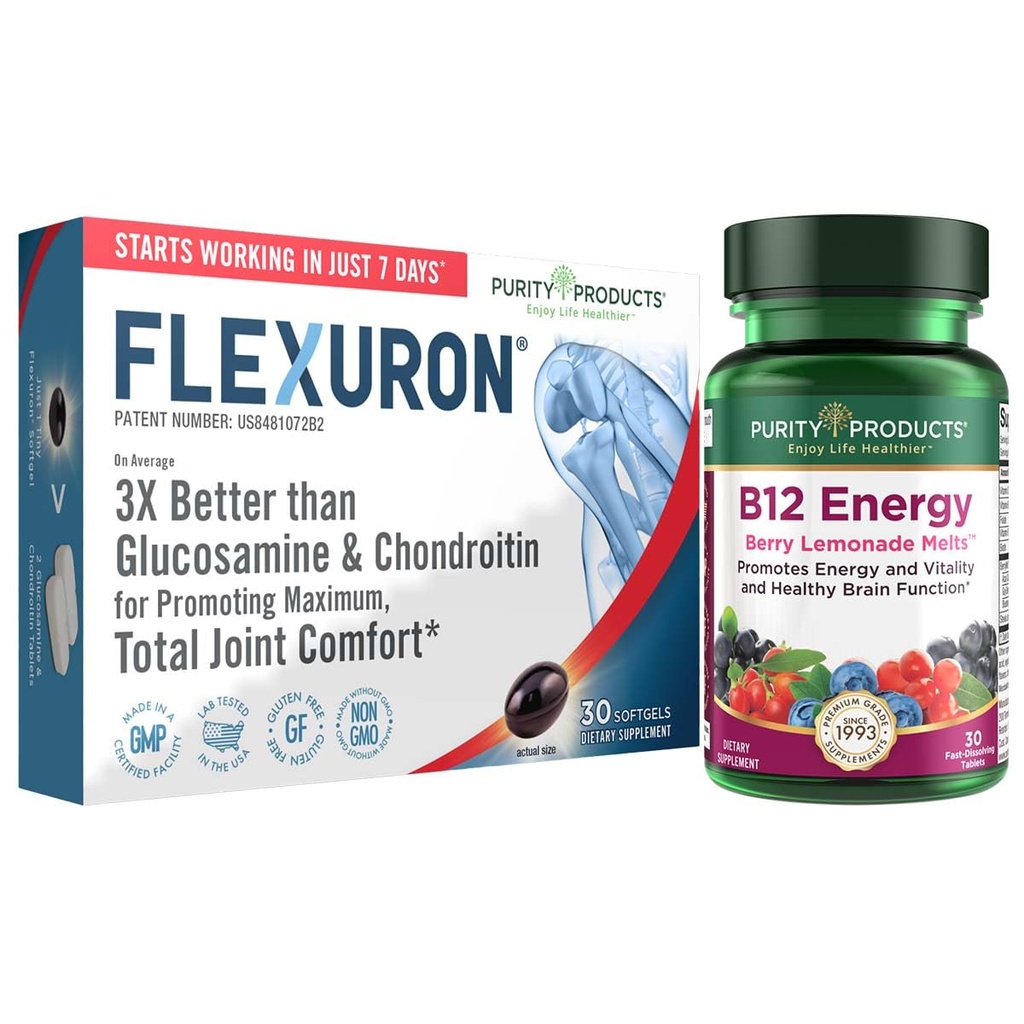 Προϊόντα καθαρότητας Flexuron Joint Formula + B-12 Energy Melt Flexuron (Κριλλέλαιο, χαμηλό μοριακό βάρος Υαλουρονικό οξύ, Ασταξανθίνη) - B12 Ενεργειακή τήξη (Methylcobalamin B12, Βιταμίνη D3, Βιοτίνη +Περισσότερα)