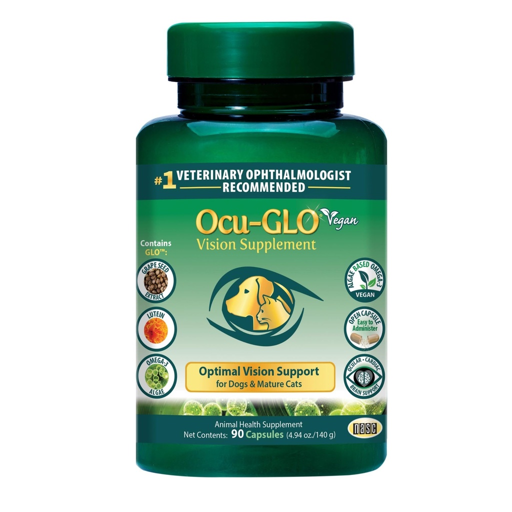 Ocu-GLO® Vegan Capsules - Vision Supplement for Dogs & Mature Cats - Formulated with Lutein, Algae Based Omega-3 Fatty Acids, Grape Seed Extract & Antioxidants to Promote Eye Health - 90 ct