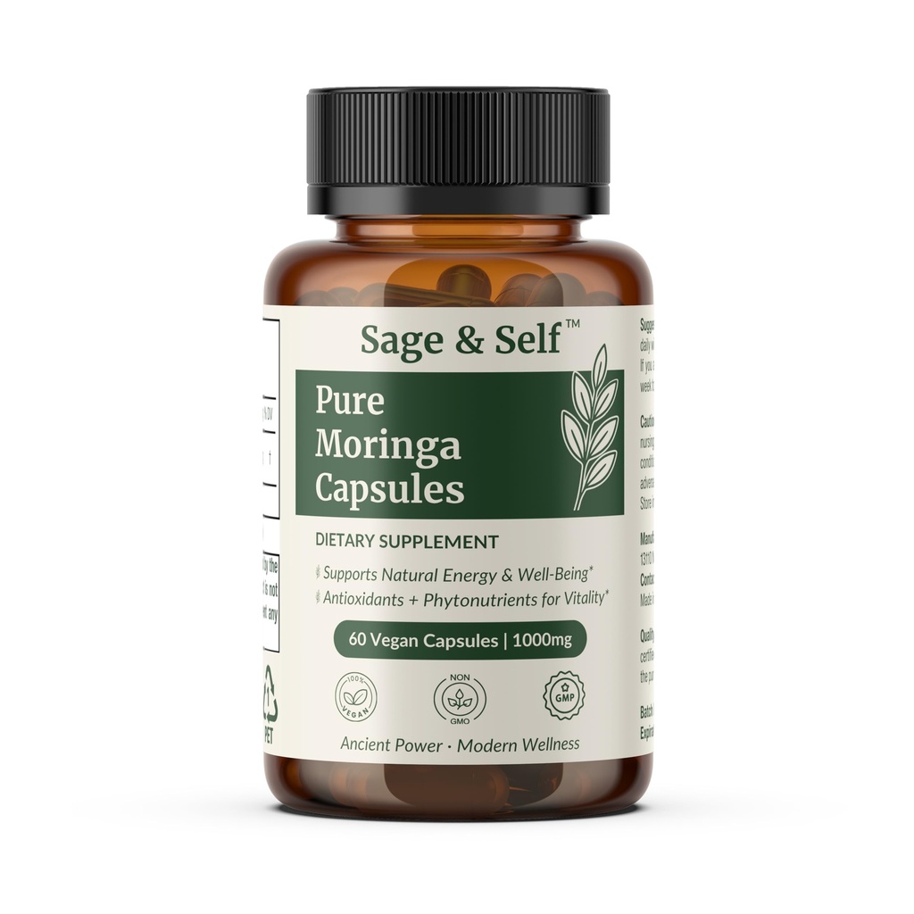 Sage & Self Pure Moringa Capsules – Moringa Leaf Powder for Natural Energy & Daily Wellness – Vegan Herbal Supplement (60 Capsules)
