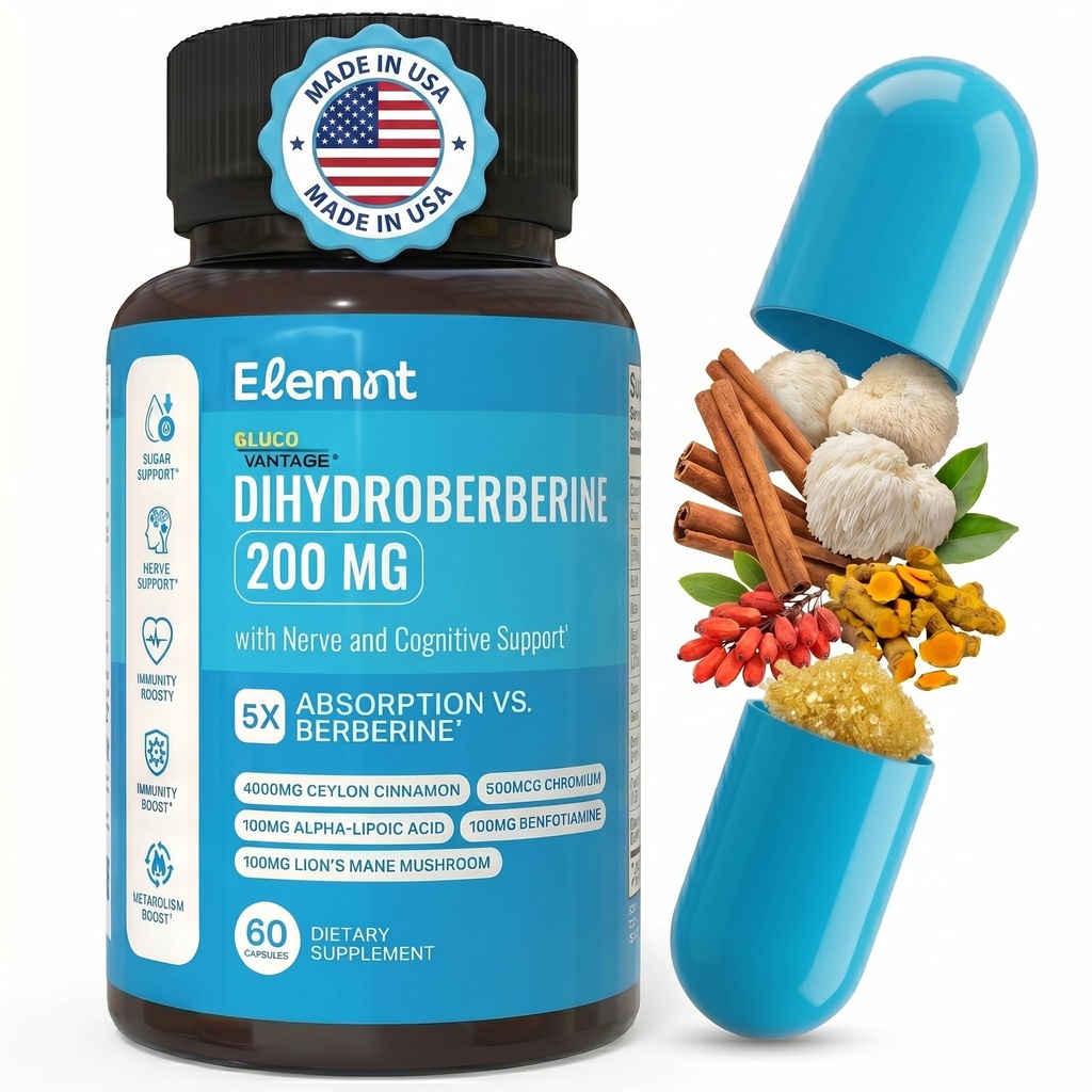ELEMNT Super Berberine 200mg Dihydroberberine (GlucoVantage®) with Ceylon Cinnamon, ALA, Benfotiamine, Lions Mane, Chromium, and Others for Immunity.