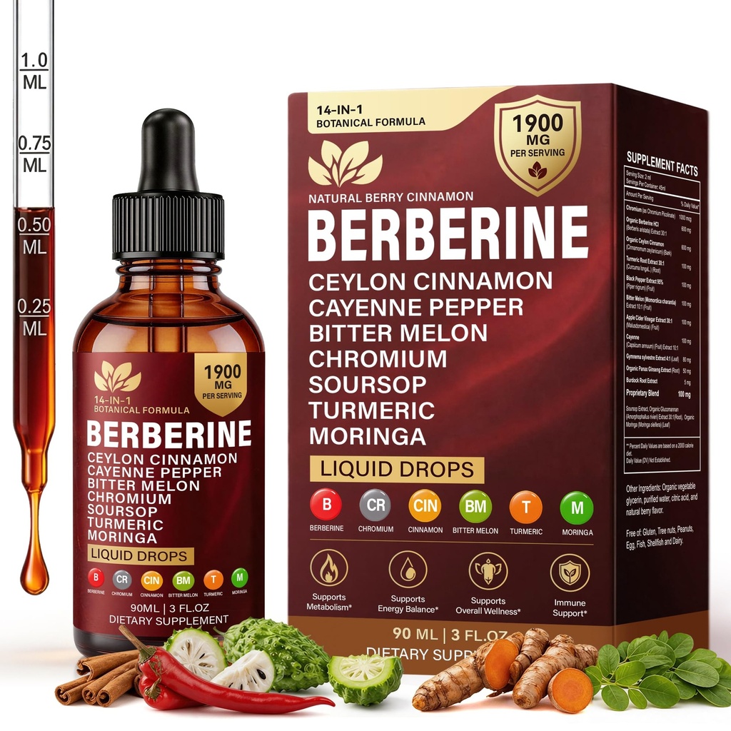 Berberine with Ceylon Cinnamon Supplement Liquid Drops, 1900mg 14-in-1 Herbal Complex with Turmeric, Bitter Melon, Panax Ginseng, Turmeric & Soursop, Metabolic & Immune Support for Men & Women, 90ml