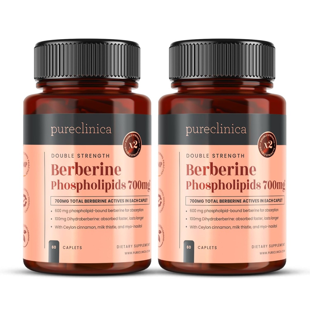 pureclinica Double Strength Berberine Complex – 700mg Active Berberine x 120 Caplets (2 Bottles of 60) – 4 Month Supply – with Dihydroberberine, Ceylon Cinnamon, Milk Thistle, Inositol