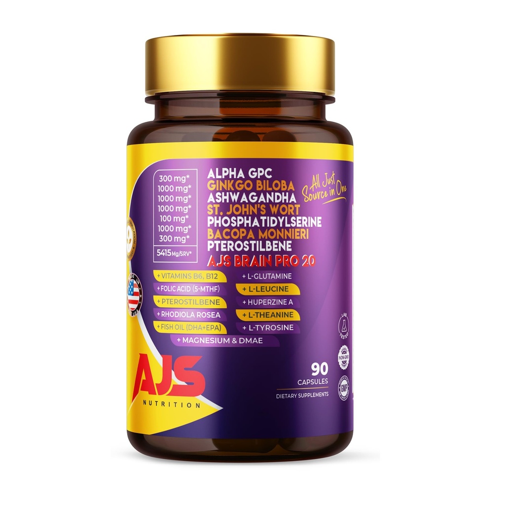 AJS Alpha GPC Nootropic Brain Supplement,Phosphatidylserine,St. John'sWort Ginkgo Biloba,Ashwagandha,Bacopa Monnieri,Pterostilbene,Magnesium Glycinate,Ginkgo Biloba,5-MTHF,Huperzine A 60CT,90 capsules
