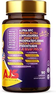 AJS Alpha GPC Nootropic Brain Supplement,Phosphatidylserine,St. John'sWort Ginkgo Biloba,Ashwagandha,Bacopa Monnieri,Pterostilbene,Magnesium Glycinate,Ginkgo Biloba,5-MTHF,Huperzine A 60CT,90 capsules