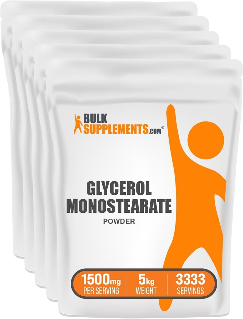 BulkSupplements.com Γλυκερόλη Μονοστεατική Σκόνη - Γλυκερόλη Σκόνη, Συμπλήρωμα Γλυκερόλης, Πηγή Ενέργειας - Βαθμός τροφίμων, Χωρίς Γλουτένη, 1500mg ανά Σερβίρισμα, 5kg (11 lbs) (Συσκευασία των 5)
