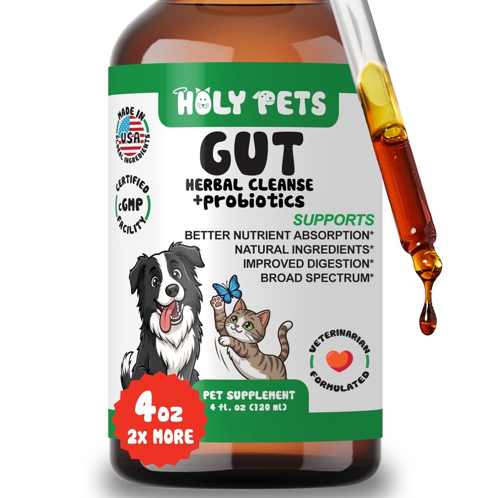 Natural Pet Gut Health Supplement for Dogs & Cats - Advanced Intestinal Defense & Herbal Cleanse - Liquid Wormwood & Black Walnut Formula - Broad Spectrum Care Ages (4oz)