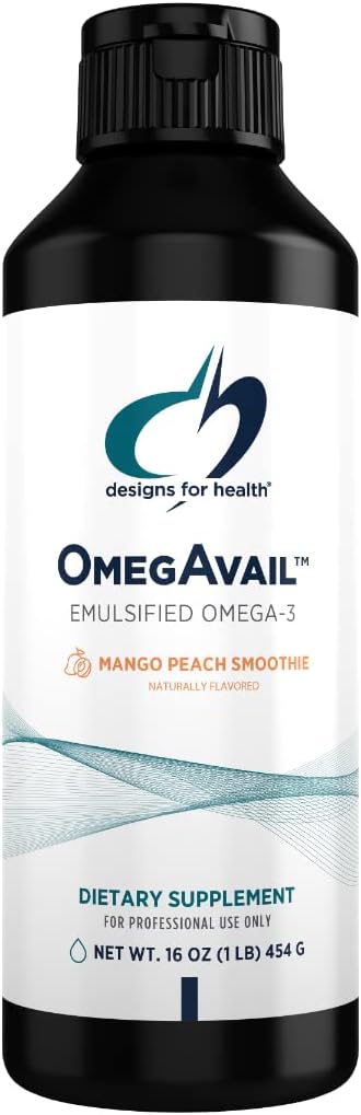 Designs for Health OmegAvail Smoothie - Omega 3 TG Triglyceride Fish Oil Emulsion with DHA + EPA - Liquid Supplement for Cardiovascular + Brain Support, Mango Peach Flavor (43 Servings / 16oz)