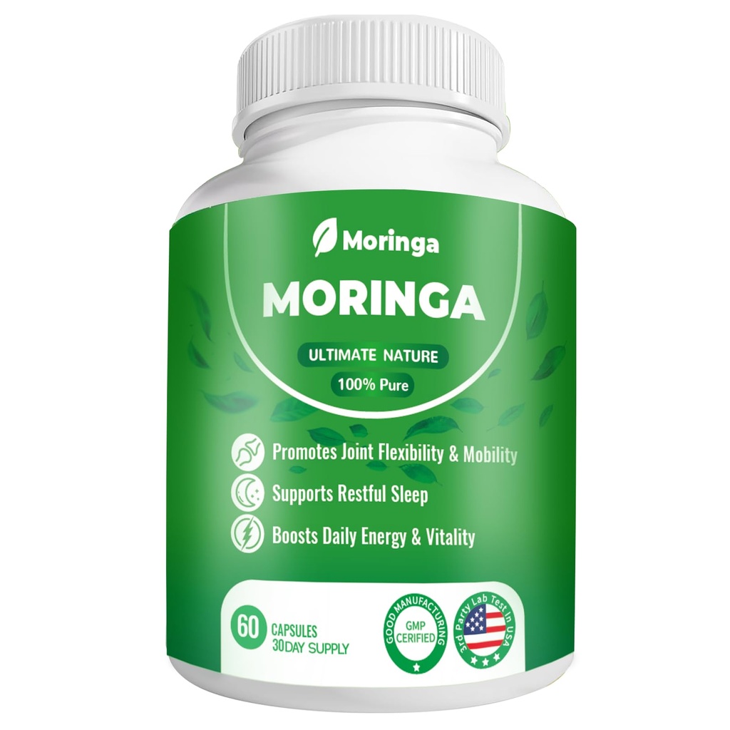 Organic Moringa Oleifera Capsules 800mg - 60 Count Plant-Based Leaf Powder Supplement - Pure Green Superfood for Metabolic Support & Natural Energy - Non-GMO, Vegan