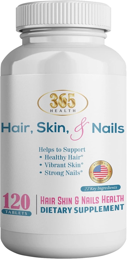 365 Health Skin, Nails & Hair, Advanced Formula, 120 Tablets - Υποστηρίζει κολλαγόνο για την υγεία των μαλλιών, των νυχιών και του δέρματος - Παρέχει ψευδάργυρο, βιταμίνη C & μη ΓΤΟ, Vegan, Γλουτένη & Γαλακτοκομικά - 120 Σερβιέτες