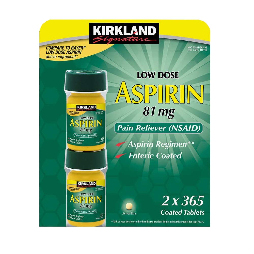 Kirkland Signature LOW Dose Aspirin 81mg Pain Reliever Aspirin Regimen Safety Coated Enteric - 2 Packs of 365 Coated Tablets (730 Tablets Total)