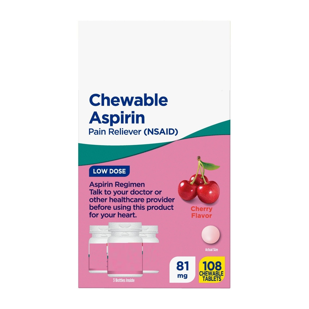 SEDLAV Low Dose Aspirin Chewable Tablets, 81 mg, Cherry Flavor, 108 Count (3x36 Count), Compare to Chewable Aspirin Active Ingredient, Sticker